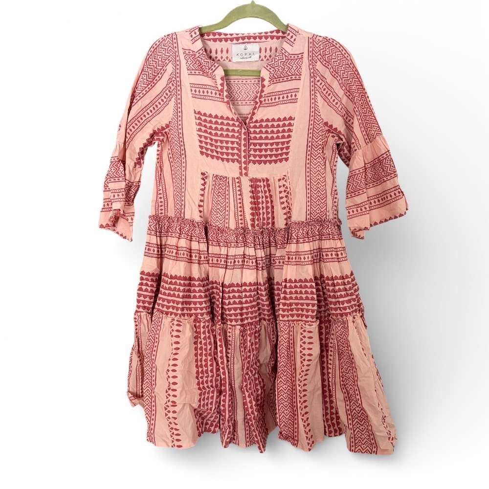Kopal Jaipur Dress Peach Block Print Cotton Mini Tunic Boho‎ Tiered Pink XS